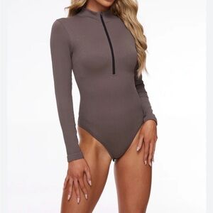 Long Sleeve Zip Front Kids One-Piece Bodysuit - Brown